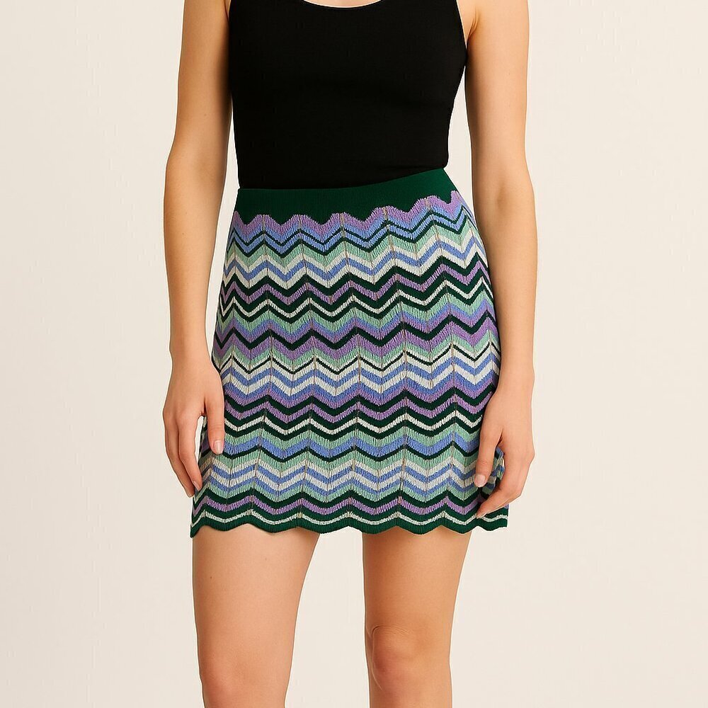 Torn By Ronny Kobo Green Chevron Knit Mini Skirt Size Large
